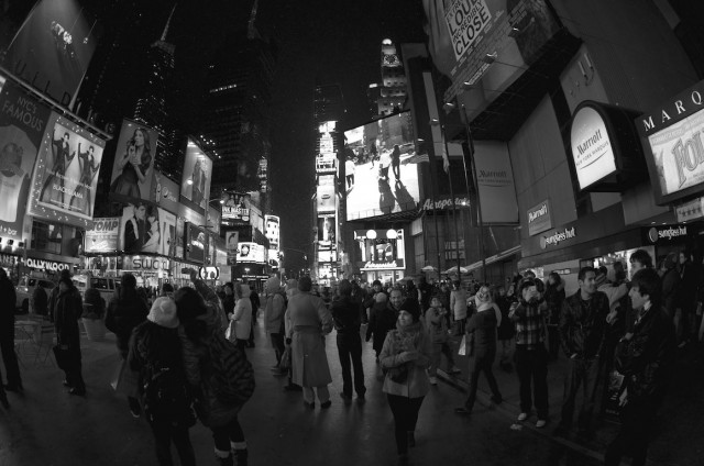 black white picture first snow times square