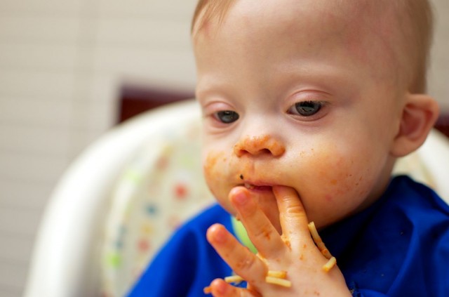 self-feeding-spaghetti-baby-child-down-syndrome 5