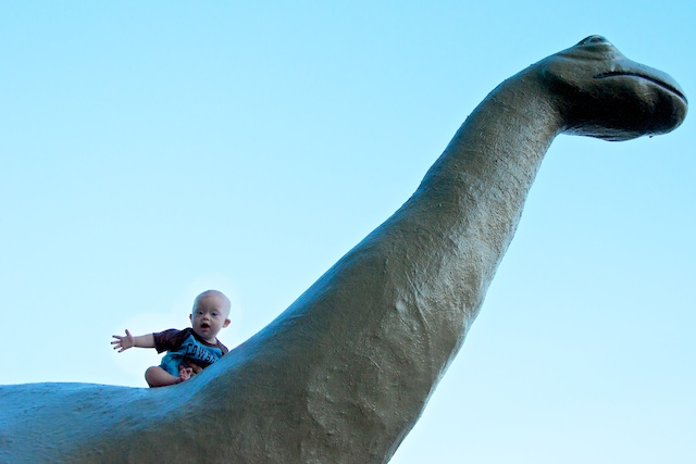 picture of baby with down syndrome riding dinosaur