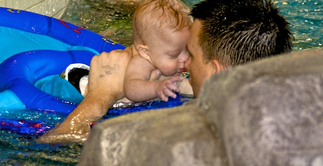 down syndrome father and son swimming
