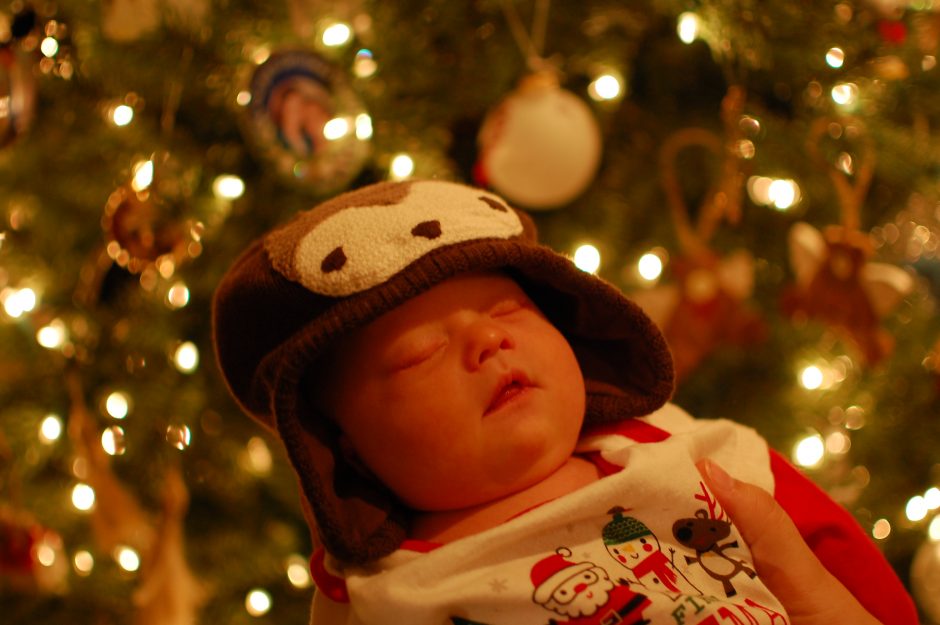 new born with Down syndrome Christmas tree